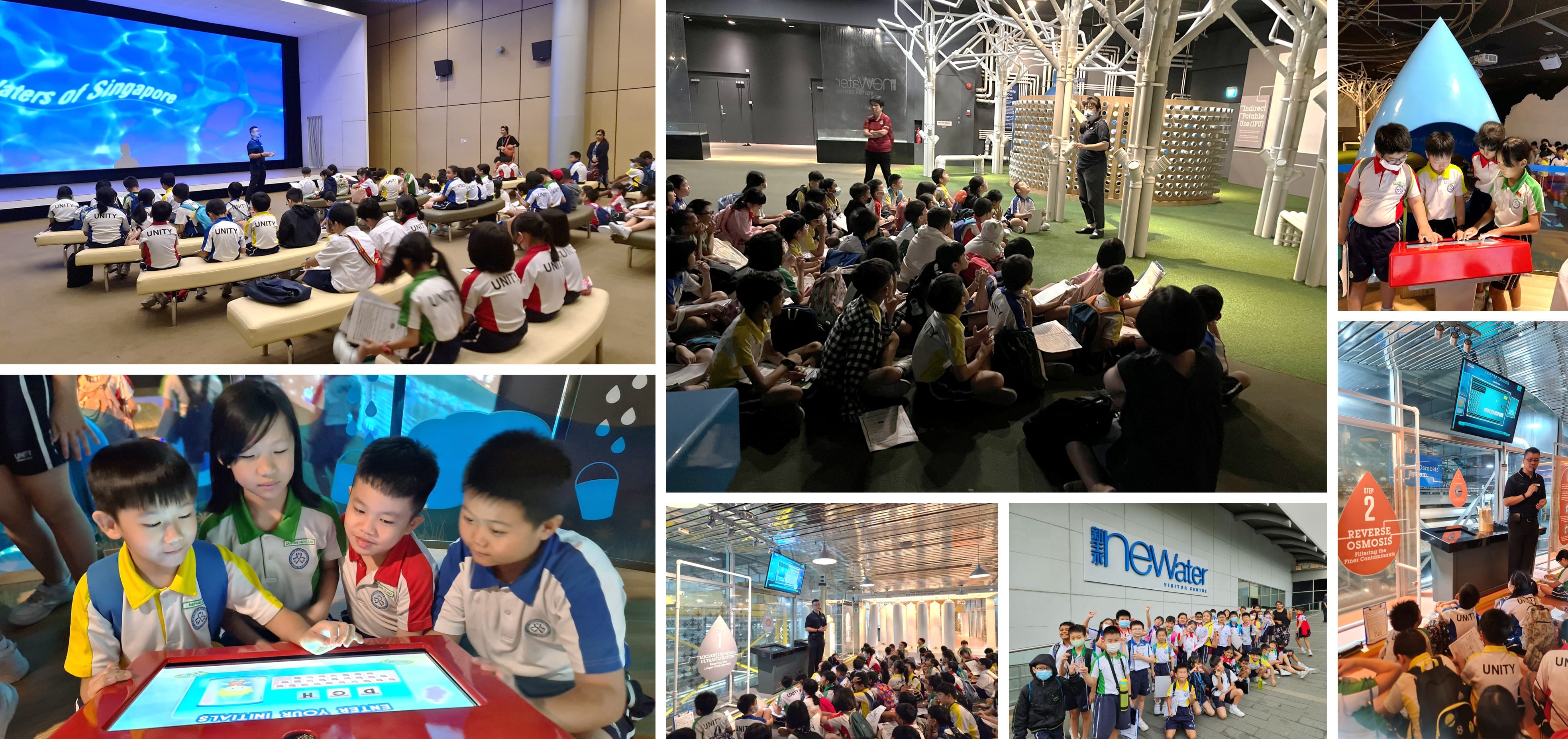 Students in school uniforms on a field trip at the NEWater Visitor Centre in Singapore, attending talks and using interactive displays.